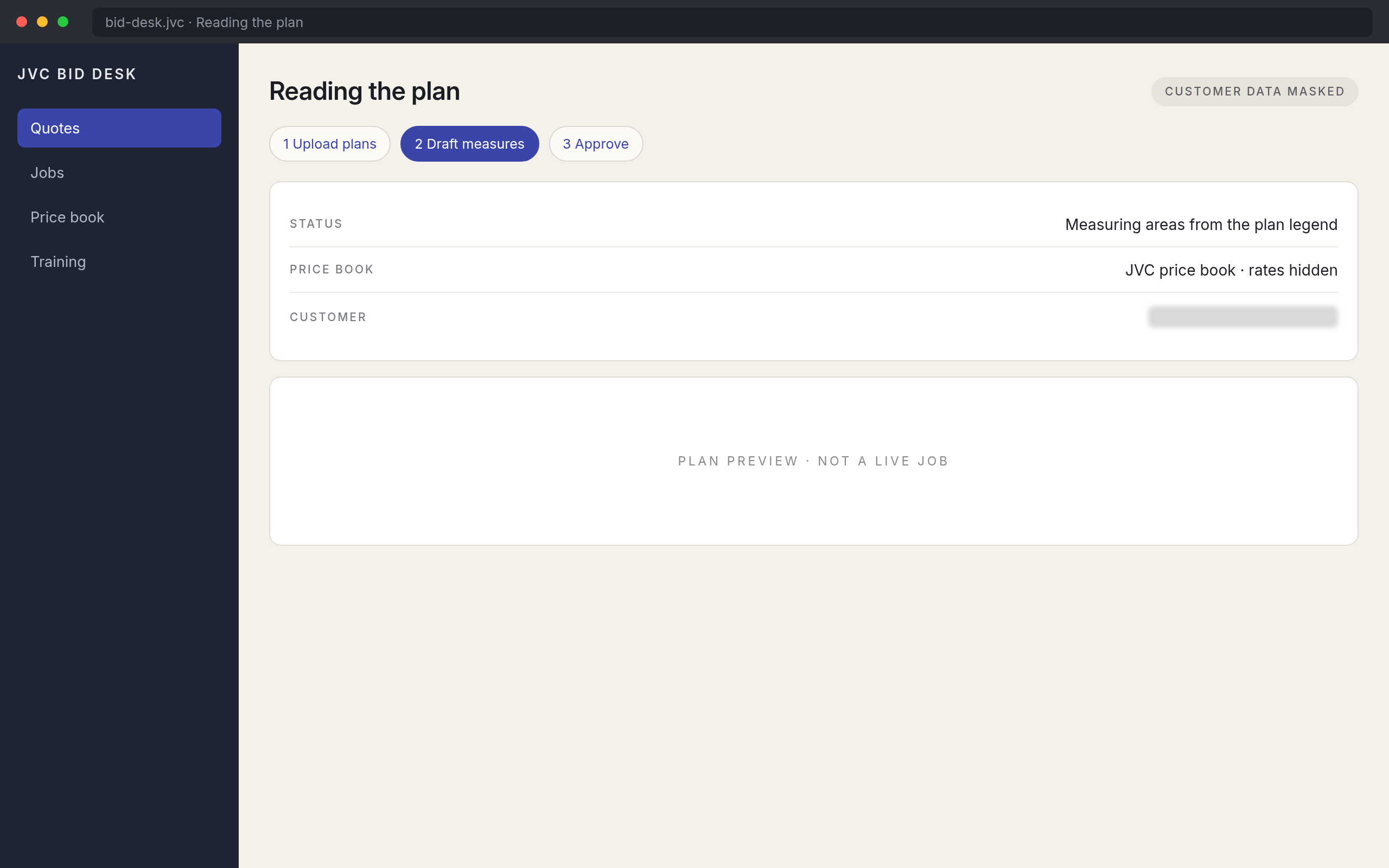 Bid Desk reading a plan with values masked