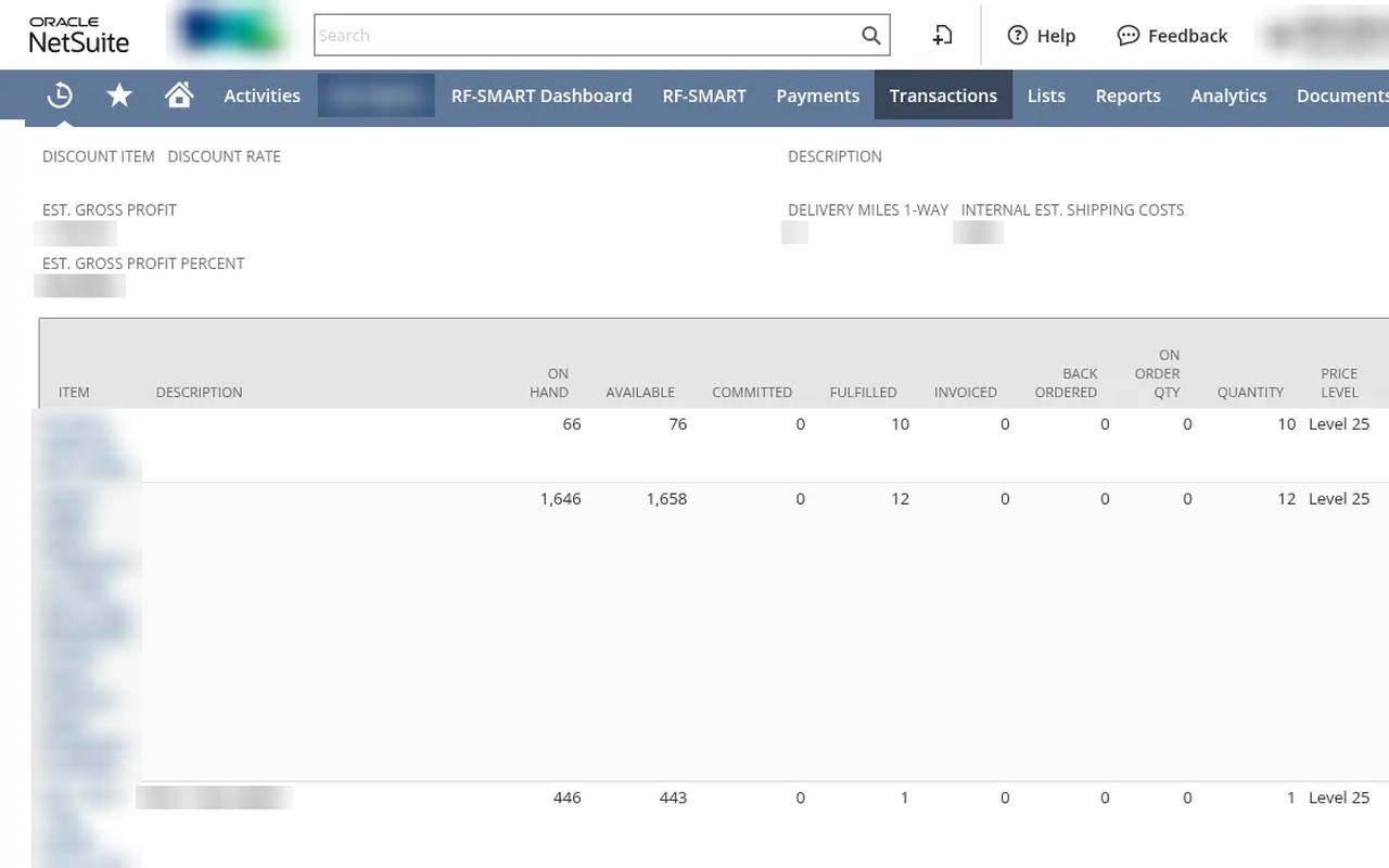A real Spray Alliance sales order in NetSuite showing item lines with on hand, available, committed and fulfilled quantities next to each line. Item names, customer and amounts are blurred.
