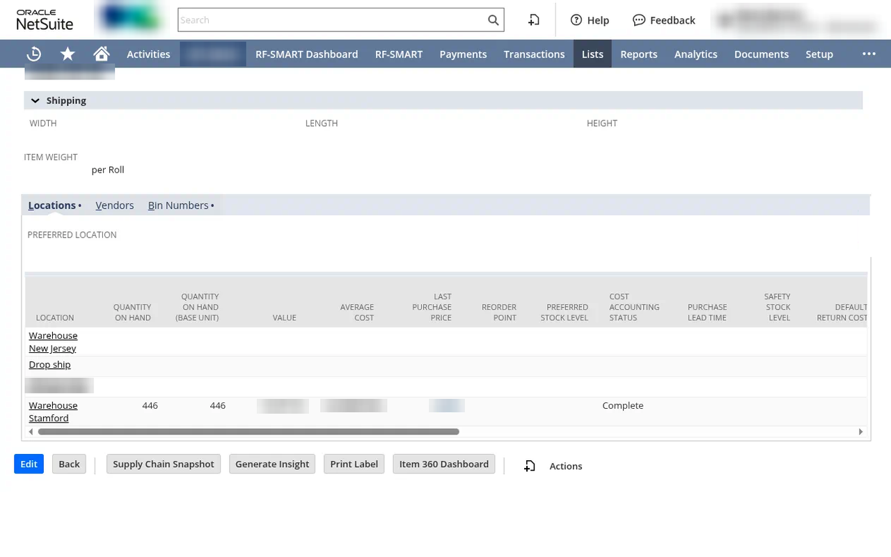 A real Spray Alliance item record in NetSuite showing stock by location for Warehouse New Jersey, Drop ship and Warehouse Stamford. Costs and values are blurred.