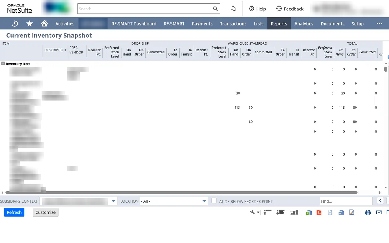 NetSuite current inventory snapshot report across warehouses, item names blurred