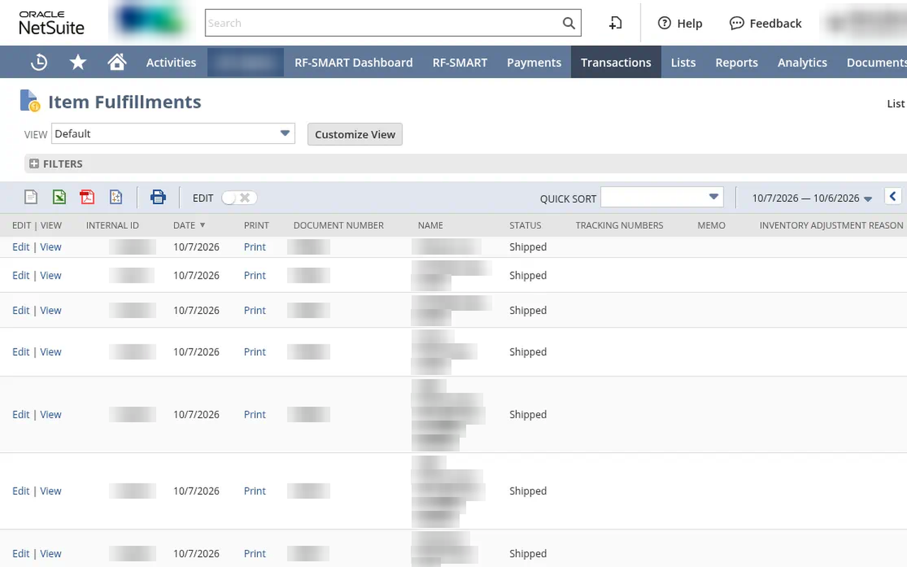 NetSuite item fulfillments list marked shipped, customer names blurred