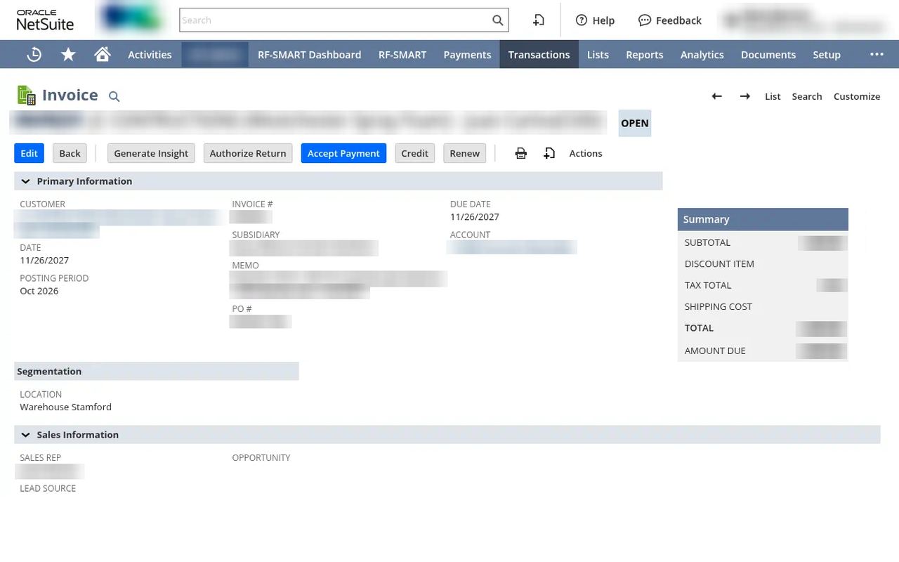 A real open invoice at Spray Alliance in NetSuite with an Accept Payment button and a summary panel. Customer, invoice number and amounts are blurred.