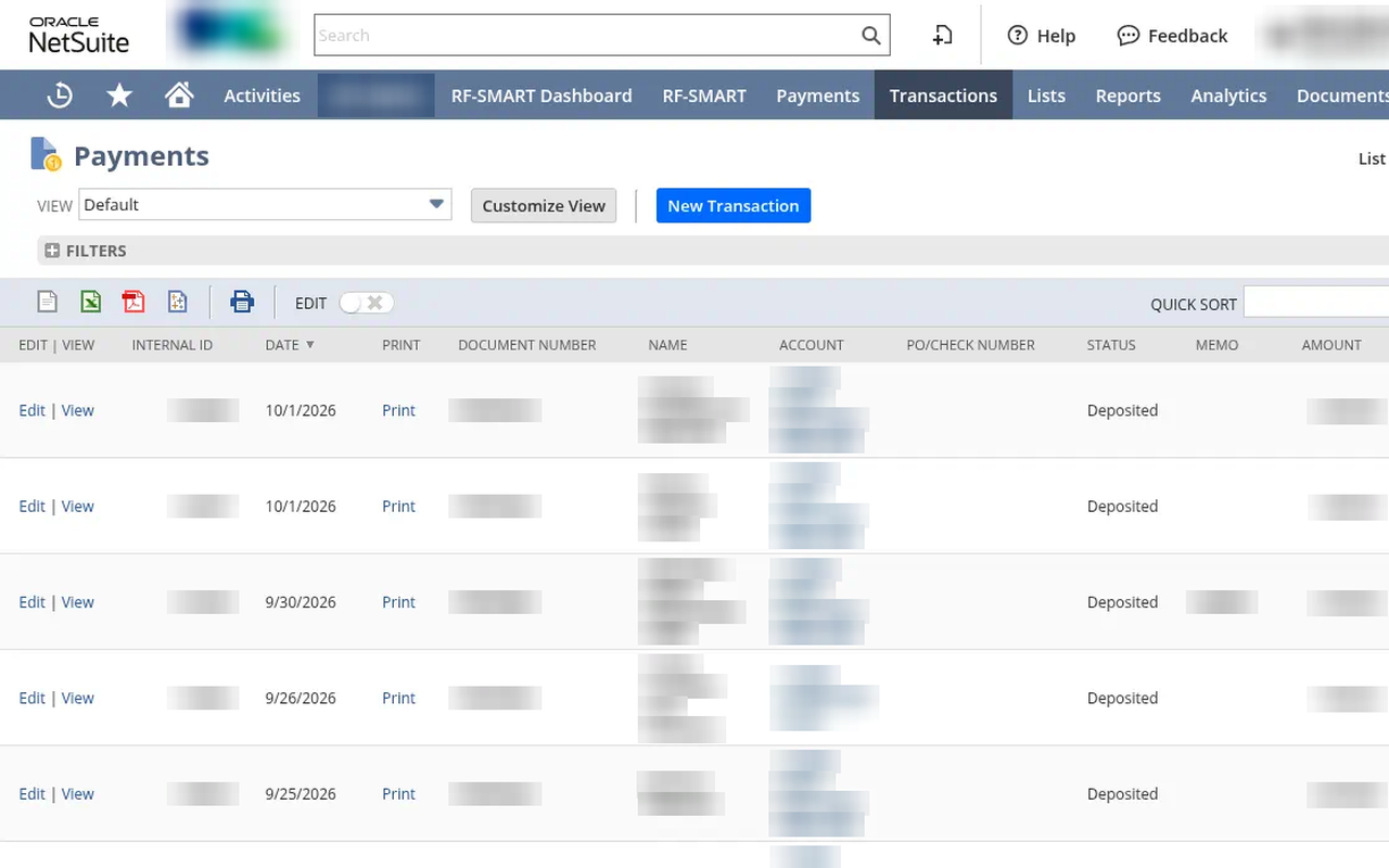 The NetSuite payments list at Spray Alliance with payments marked Deposited. Names, accounts and amounts are blurred.