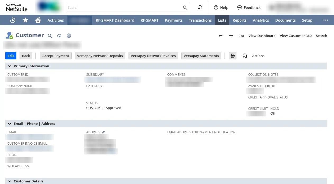 A real Spray Alliance customer record in NetSuite with statement, invoice and payment actions and a payment notification email field. All customer details are blurred.
