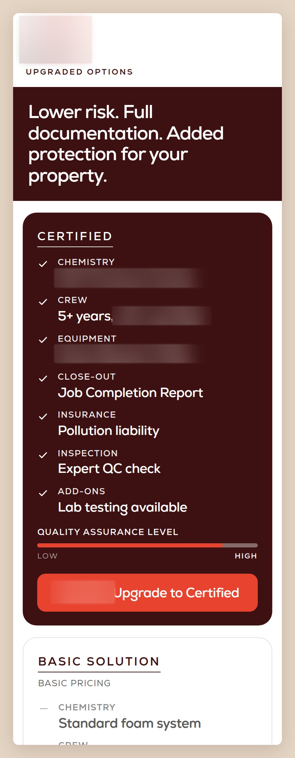 The client proposal on a phone, with the Certified option stacked above the Basic option. Logo, supplier names and price are blurred.